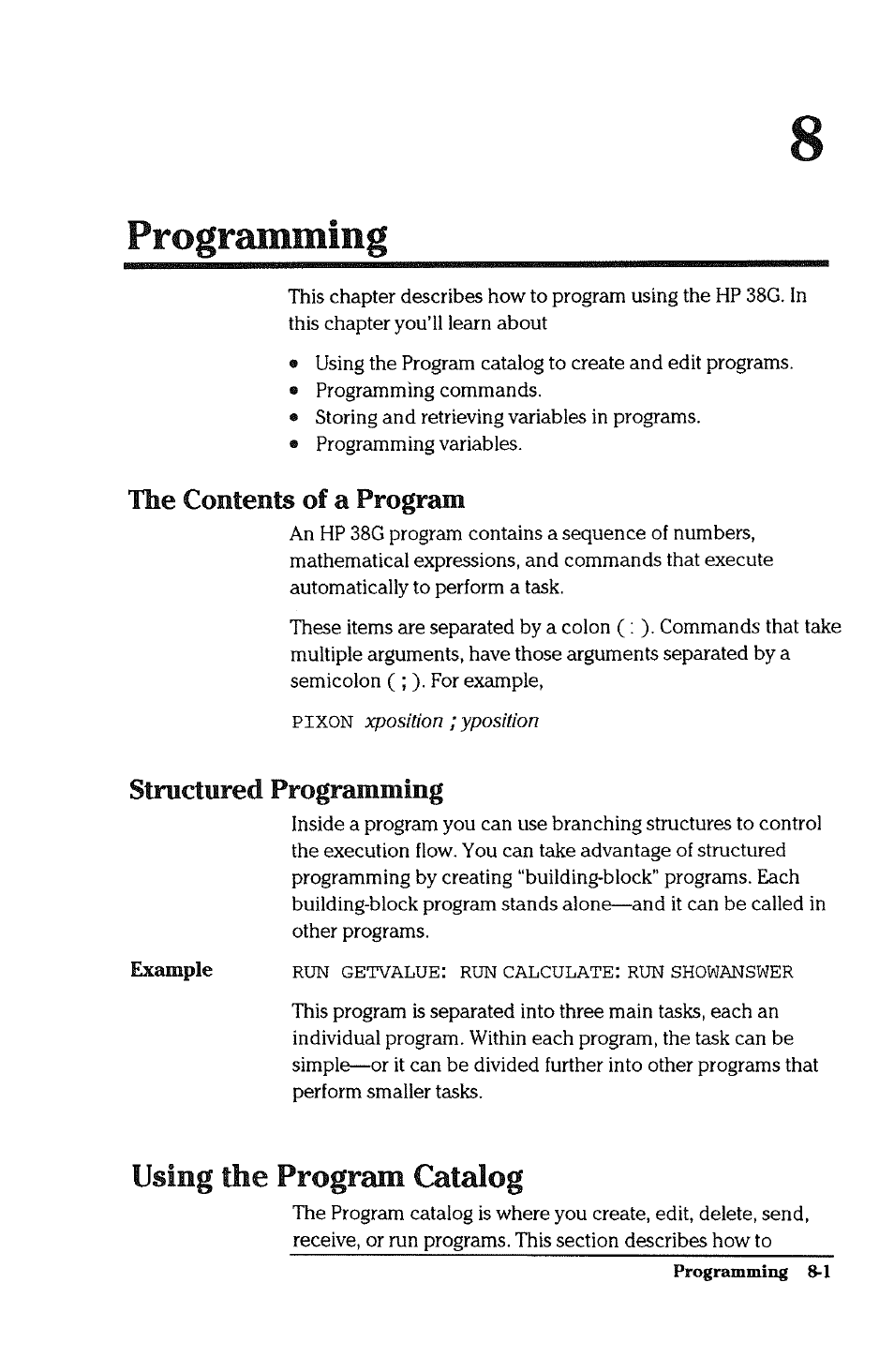 The contents of a program, Using the program catalog, The contents of a program -1 | Using the program catalog -1, Structured programming | HP 38g Graphing Calculator User Manual | Page 153 / 228