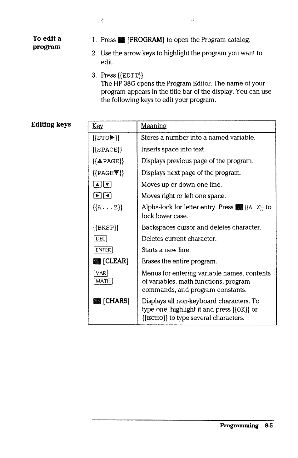 Editing keys | HP 38g Graphing Calculator User Manual | Page 157 / 228