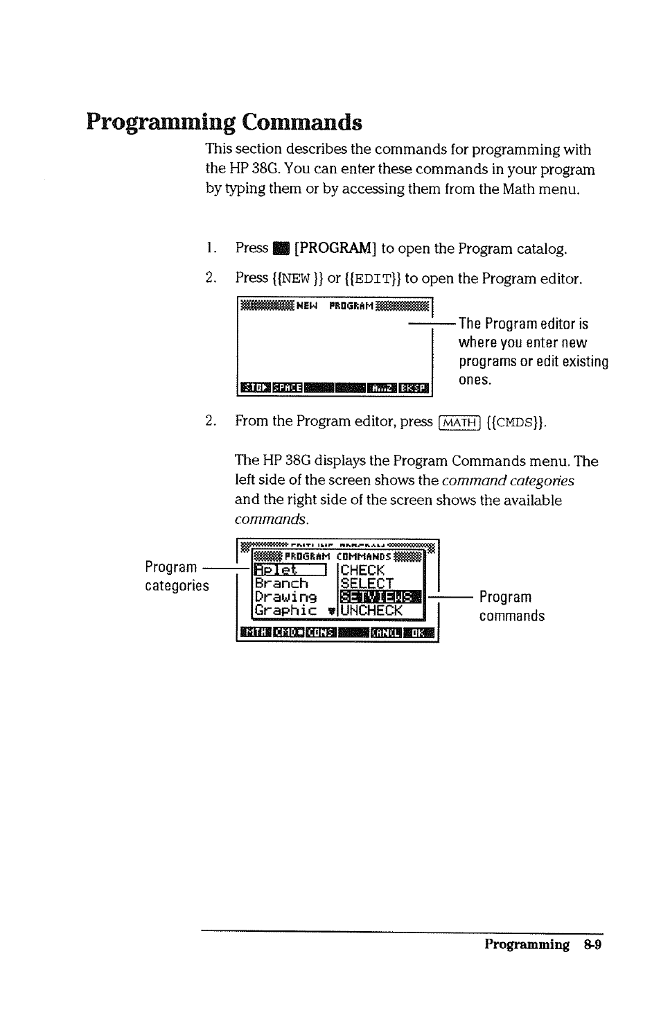 Programmieg commands | HP 38g Graphing Calculator User Manual | Page 161 / 228