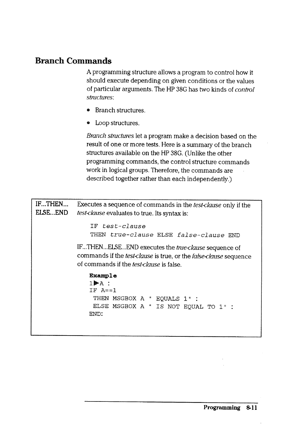 Branch commands | HP 38g Graphing Calculator User Manual | Page 163 / 228