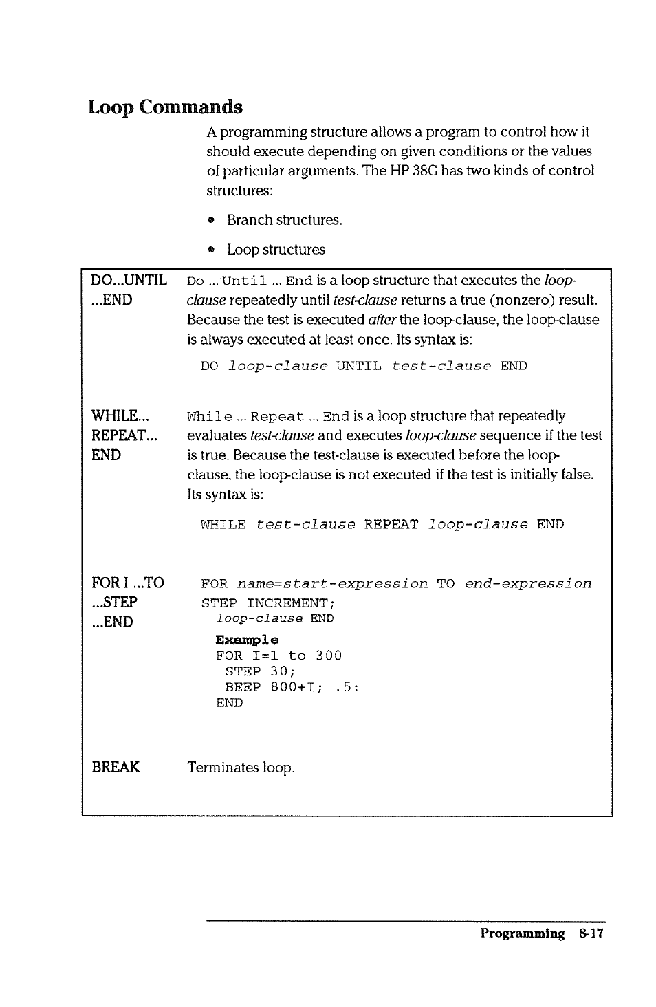 Loop commands | HP 38g Graphing Calculator User Manual | Page 169 / 228