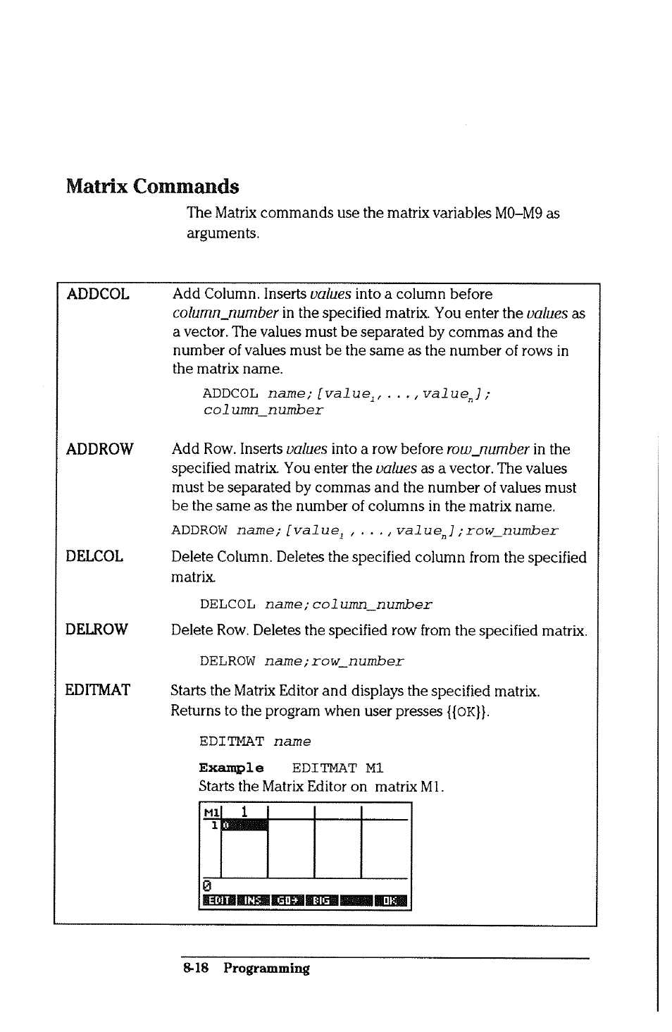 Matrix commands | HP 38g Graphing Calculator User Manual | Page 170 / 228