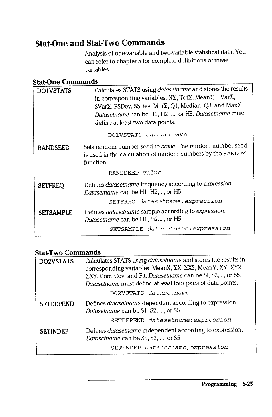 Stai-one and stat-two commands, Stat-one and stat-two commands -25, Stat-one commands | Stat-two commands | HP 38g Graphing Calculator User Manual | Page 177 / 228