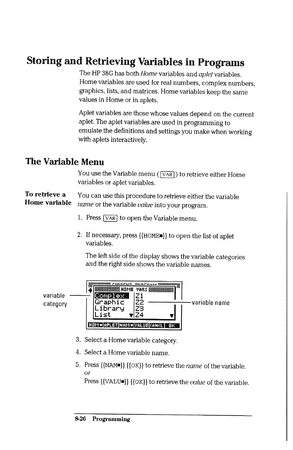 Storing and retrieving variables in programs, Storing and retrieving variables in programs -26, The variable menu | HP 38g Graphing Calculator User Manual | Page 178 / 228