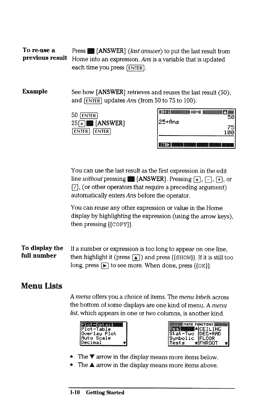 Menu lists, Menu lists -10 | HP 38g Graphing Calculator User Manual | Page 18 / 228