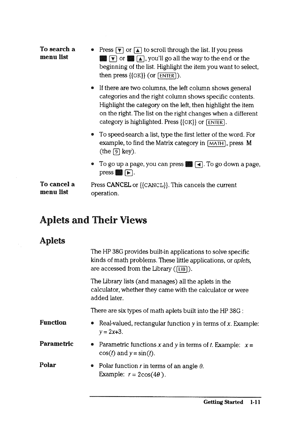 Aplets and their views, Aplets, Aplets and their views -11 | Aplets -11 | HP 38g Graphing Calculator User Manual | Page 19 / 228