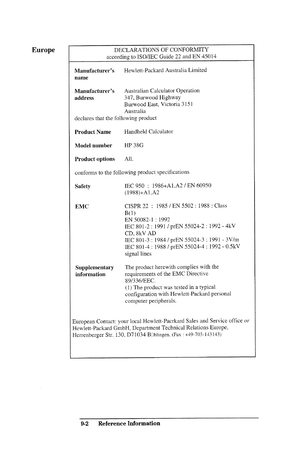 Europe | HP 38g Graphing Calculator User Manual | Page 198 / 228