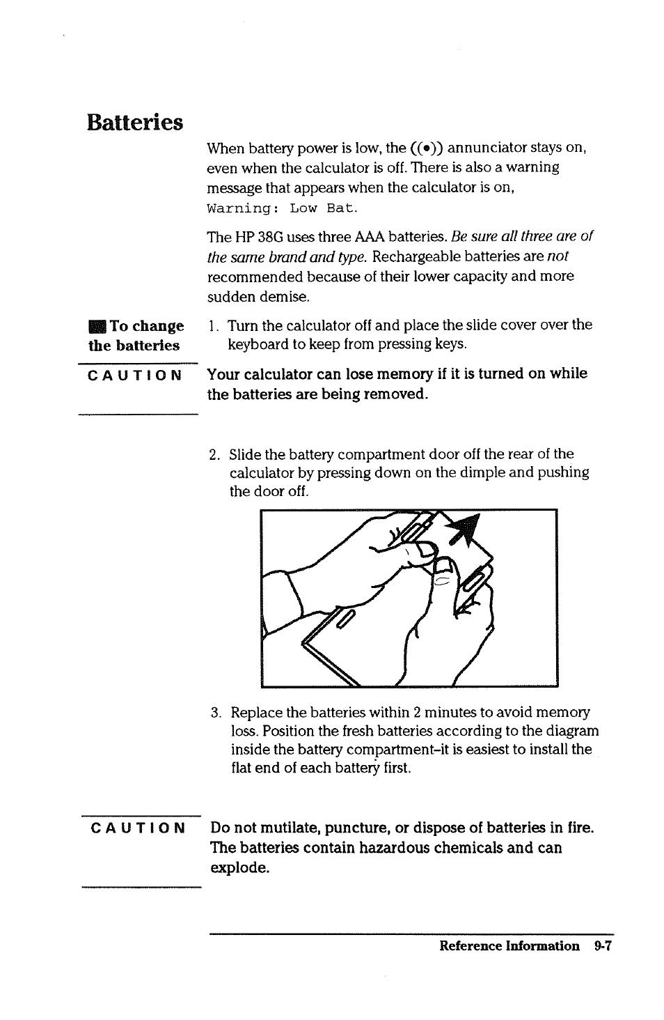 Batteries, Batteries -7 | HP 38g Graphing Calculator User Manual | Page 203 / 228