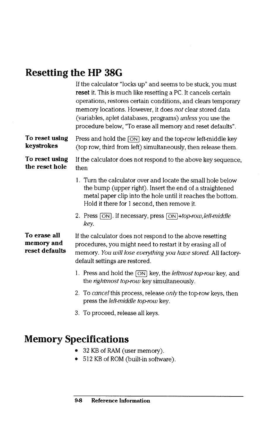 Resetting the hp 38g, Memory specifications, Resetting the hp 38g -8 | Memory specifications -8 | HP 38g Graphing Calculator User Manual | Page 204 / 228