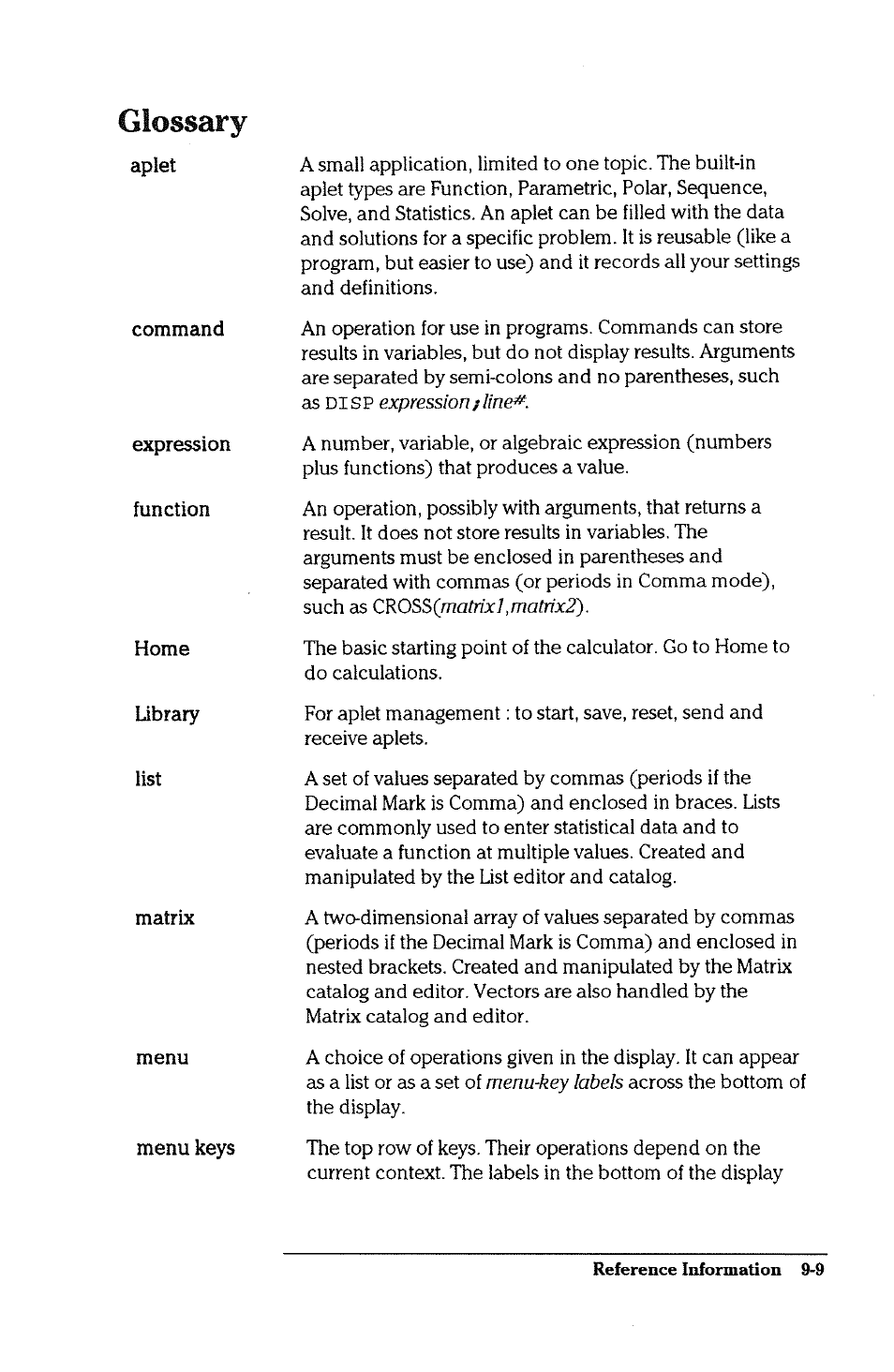 Glossary | HP 38g Graphing Calculator User Manual | Page 205 / 228