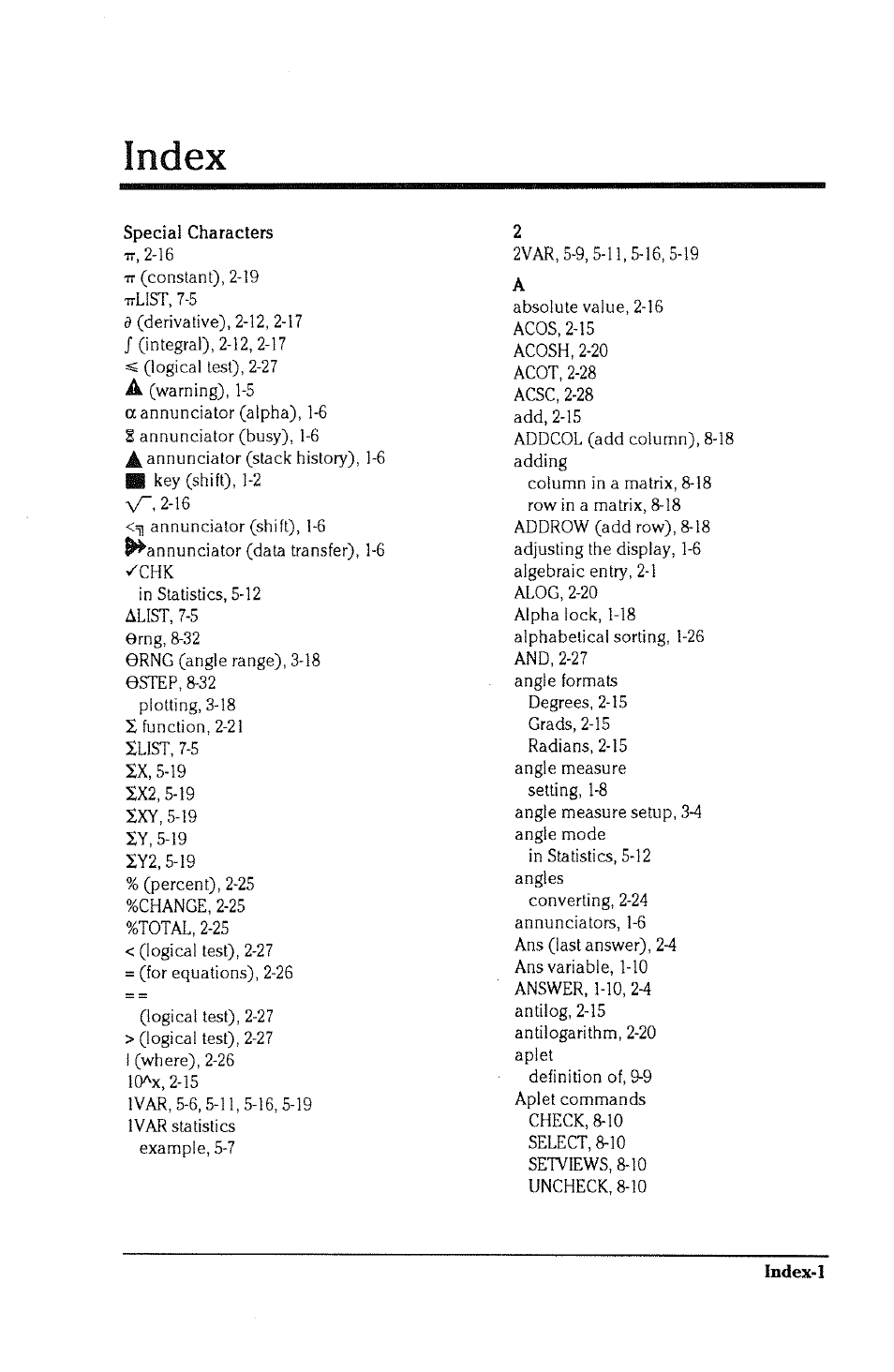 Index, Estep, Slist, 7-5 | HP 38g Graphing Calculator User Manual | Page 209 / 228