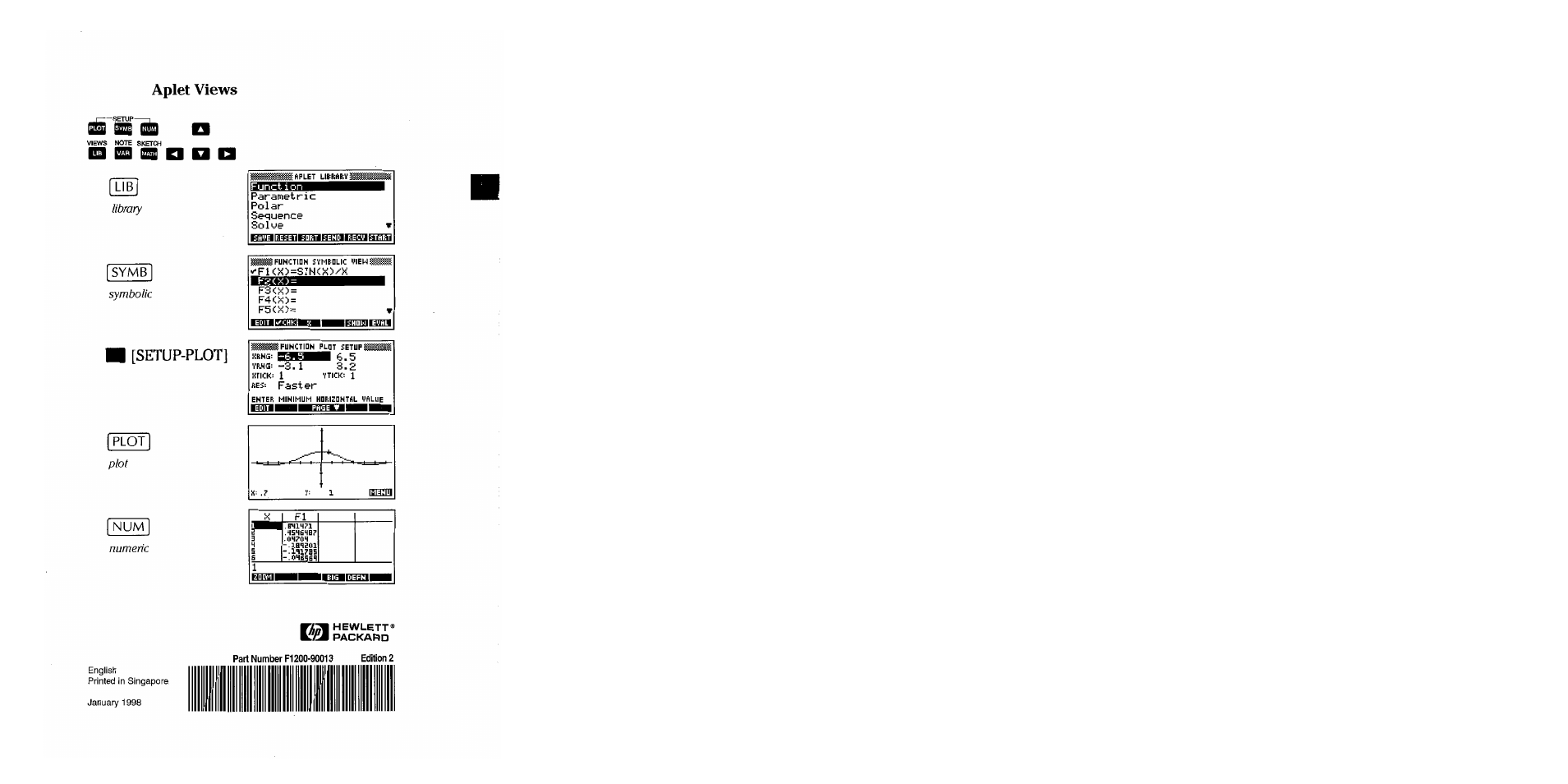 Aplet views, Setup-plot, Library | Symbolic, Plot | HP 38g Graphing Calculator User Manual | Page 228 / 228