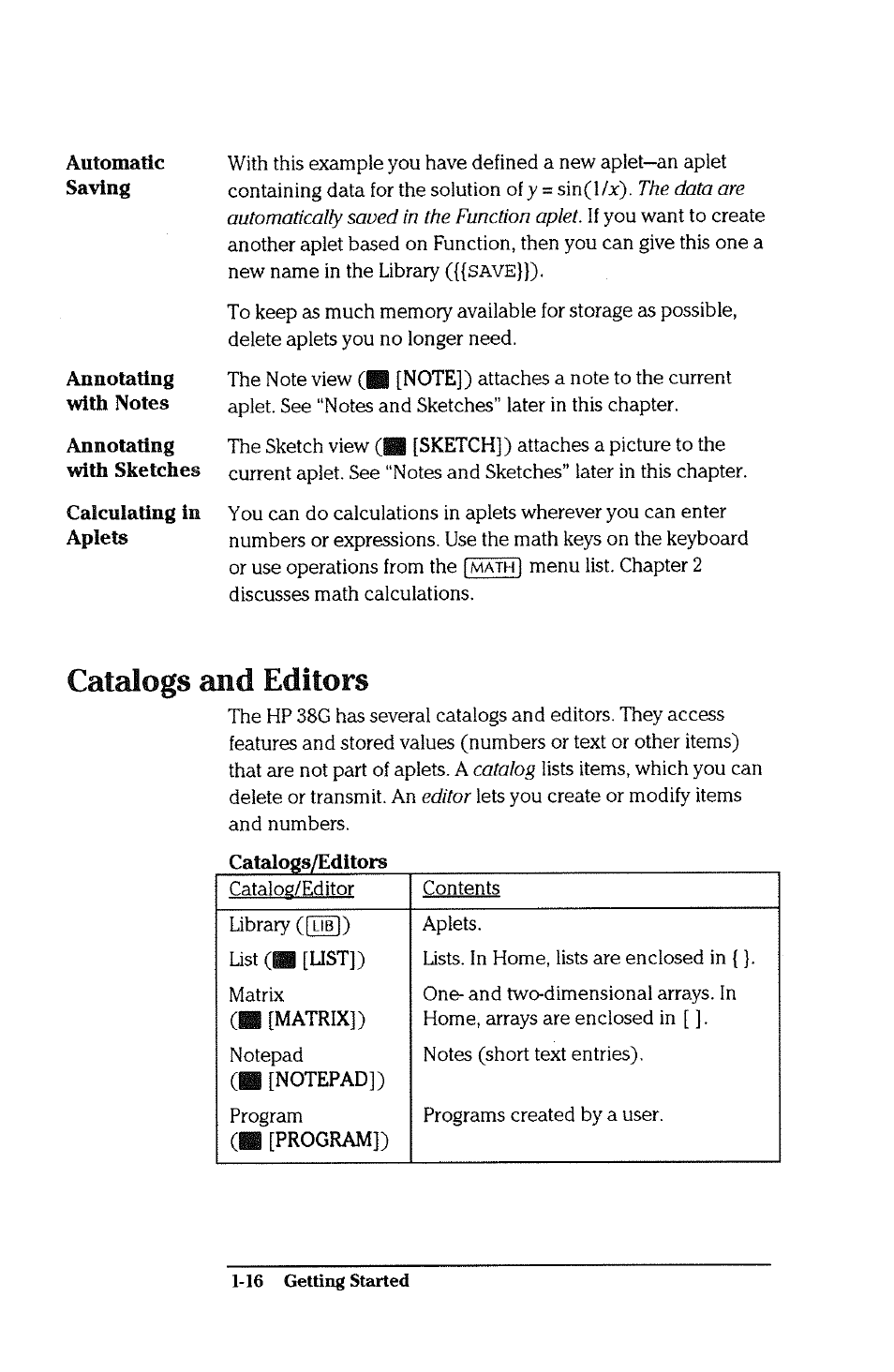 Catalogs and editors, Catalogs and editors -16 | HP 38g Graphing Calculator User Manual | Page 24 / 228