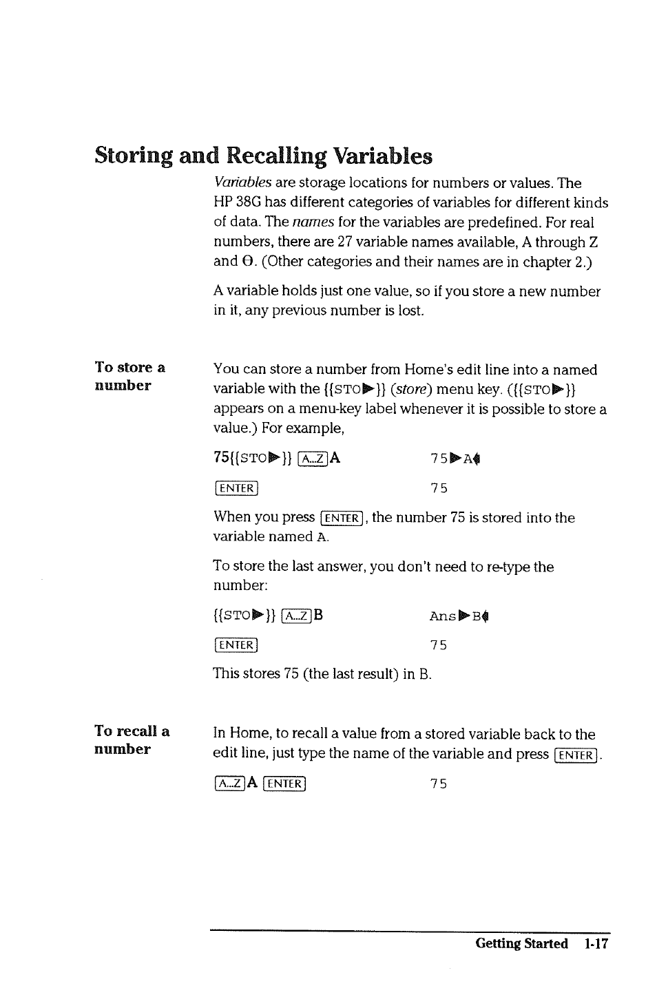 Storing £uid recalling variables, To store a, To recall a number | Storing and recalling variables -17 | HP 38g Graphing Calculator User Manual | Page 25 / 228