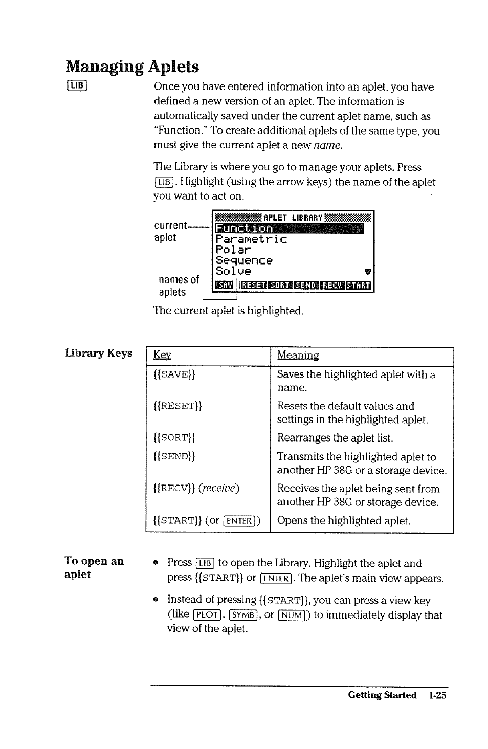 Managing aplets, Managing aplets -25, Function parametric polar sequence solue f | HP 38g Graphing Calculator User Manual | Page 33 / 228