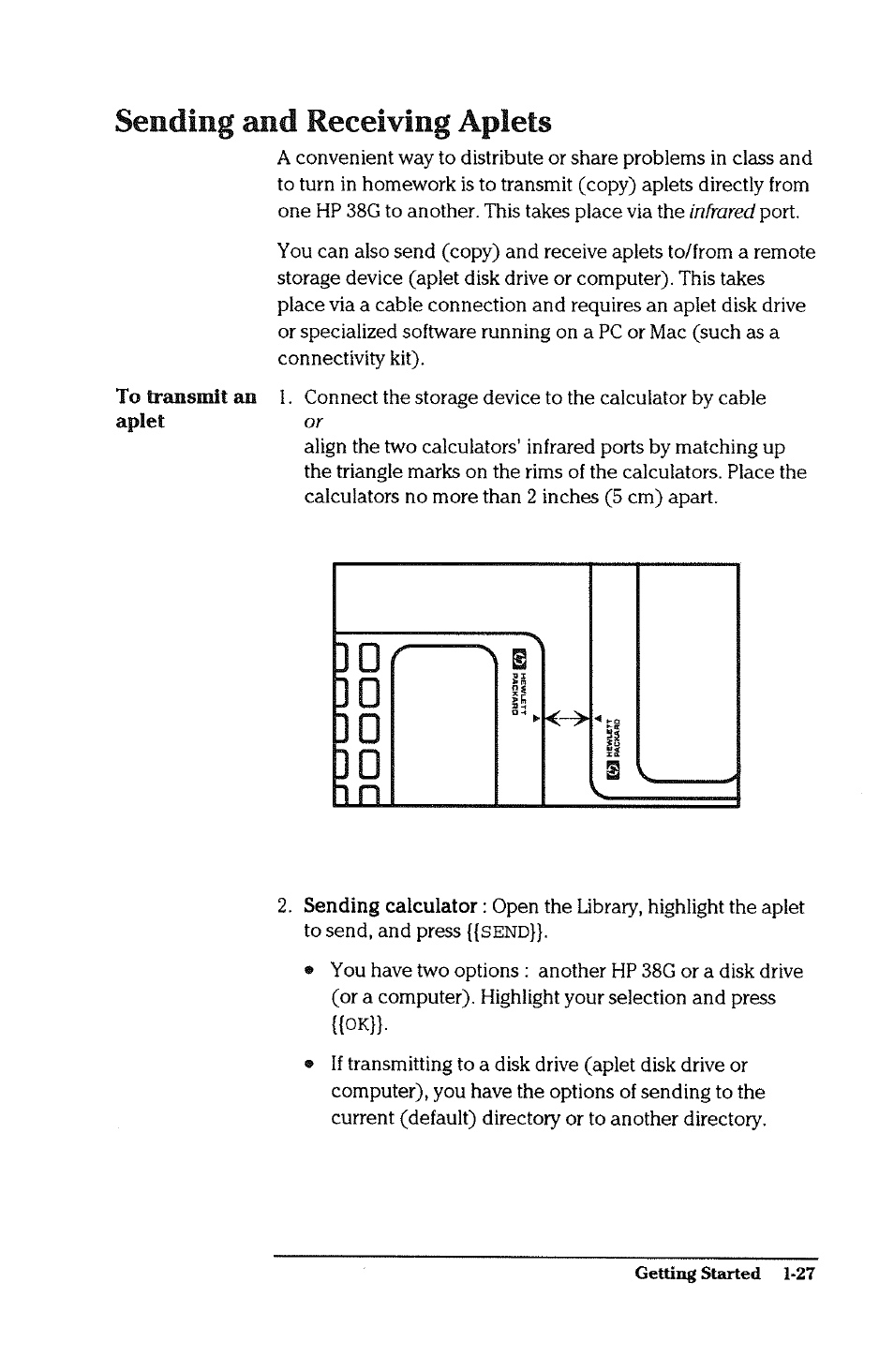 Sending and receiving aplets, Sending and receiving aplets -27 | HP 38g Graphing Calculator User Manual | Page 35 / 228