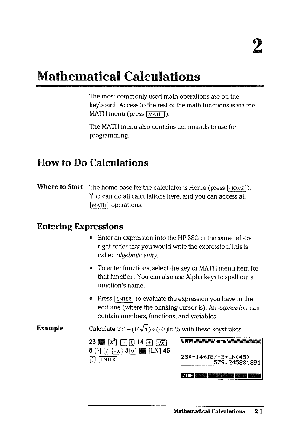 Mathematical calculations, How to do calculations, Entering expressions | How to do calculations -1, Entering expressions -1 | HP 38g Graphing Calculator User Manual | Page 37 / 228