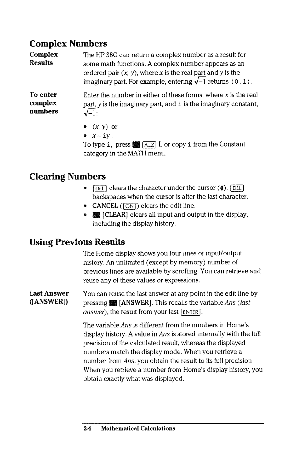 Complex numbers, Clearing numbers, Using previous results | Complex numbers -4, Clearing numbers -4, Using previous results -4 | HP 38g Graphing Calculator User Manual | Page 40 / 228