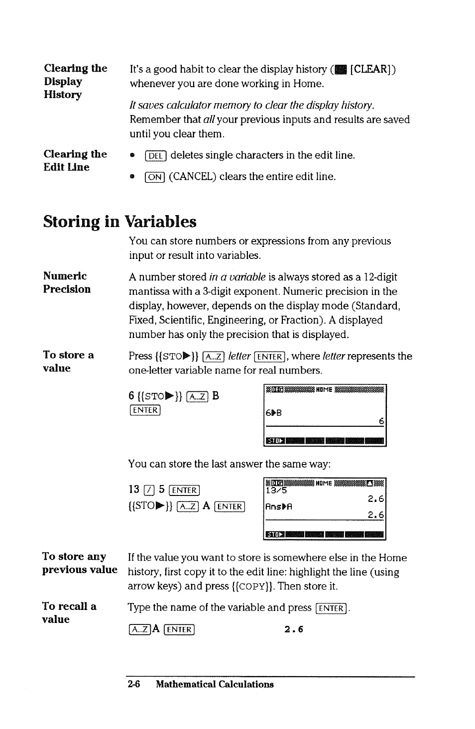 Storing in variables, To store a value, Storing in variables -6 | HP 38g Graphing Calculator User Manual | Page 42 / 228