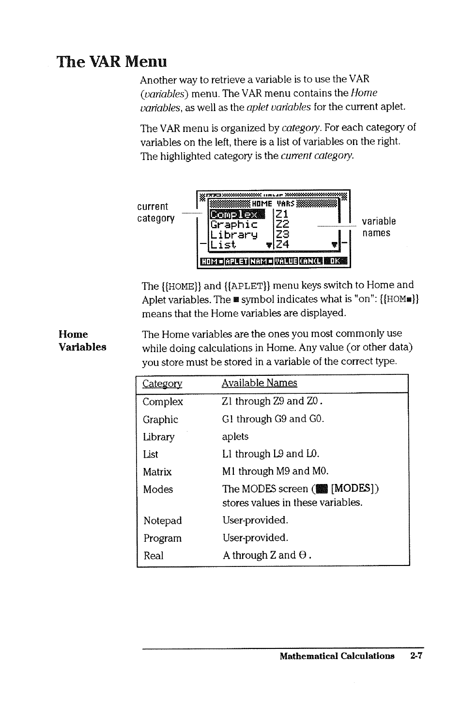 The var menu, The var menu -7 | HP 38g Graphing Calculator User Manual | Page 43 / 228