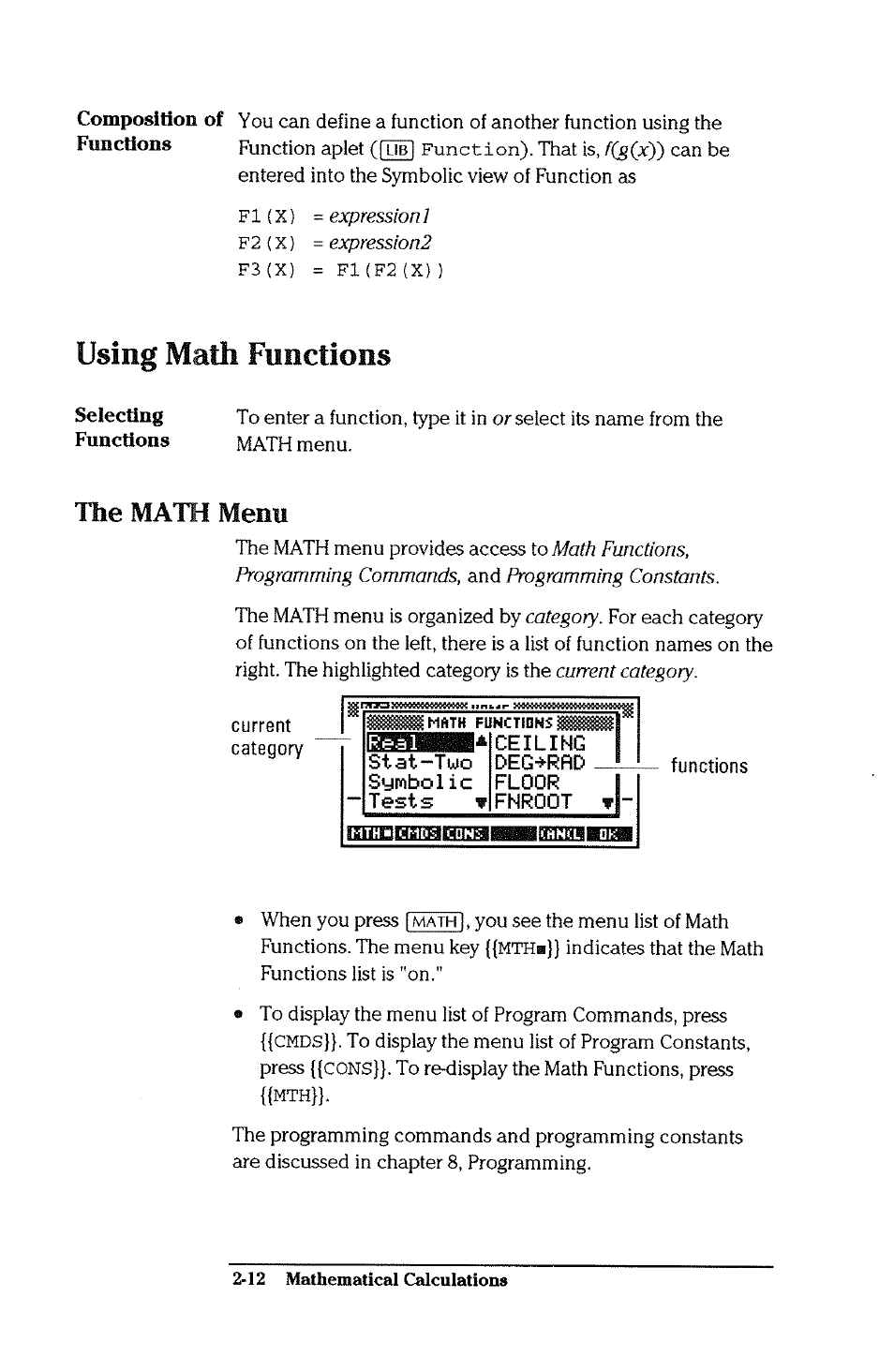 Using math functions, Using math functions -12, The math menu | HP 38g Graphing Calculator User Manual | Page 48 / 228