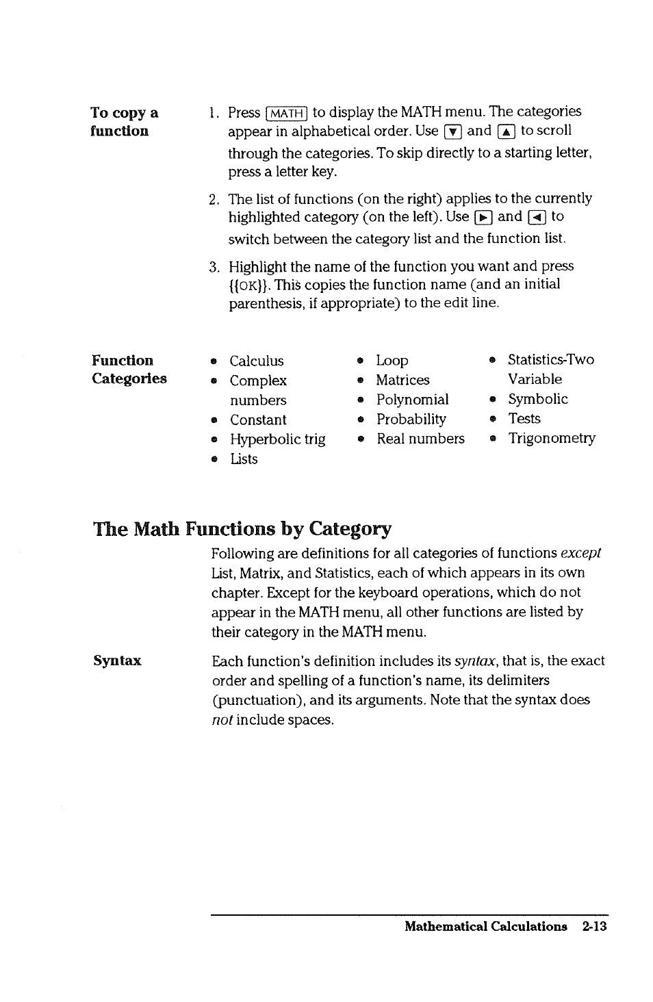 The math functions by category, The math functions by category -13 | HP 38g Graphing Calculator User Manual | Page 49 / 228
