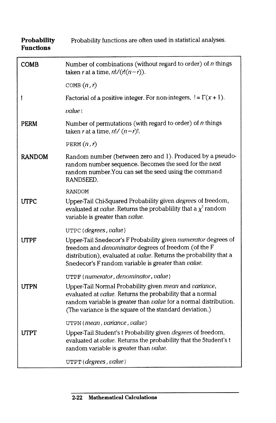 N,r), Value, N\/ (_n-r) | Degrees, Degrees, value ), Numerator, Denominator, Numerator, denominator, value), Mean, Variance | HP 38g Graphing Calculator User Manual | Page 58 / 228