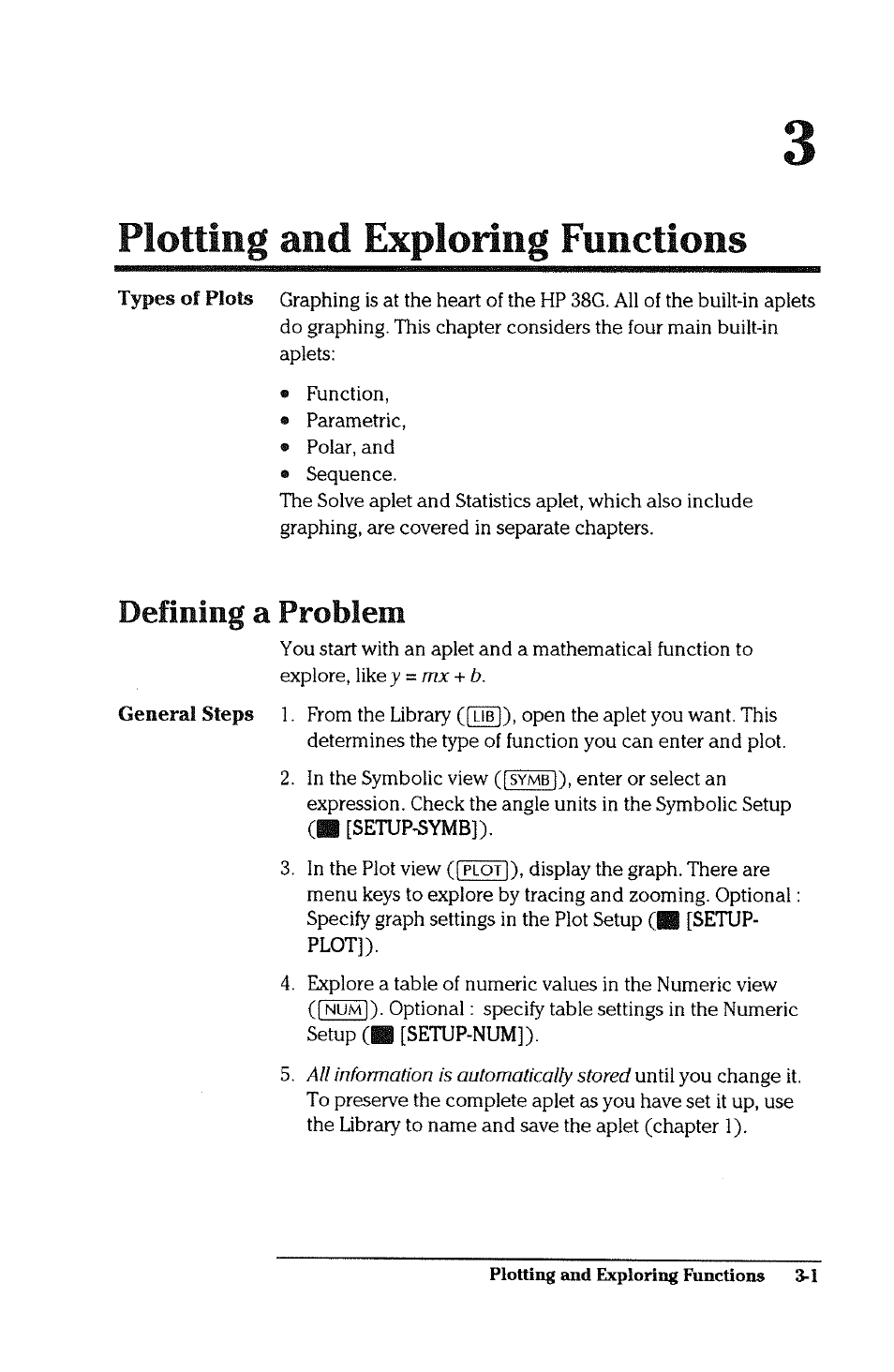 Plotting and exploring functions, Defining a problem, Defining a problem -1 | HP 38g Graphing Calculator User Manual | Page 65 / 228