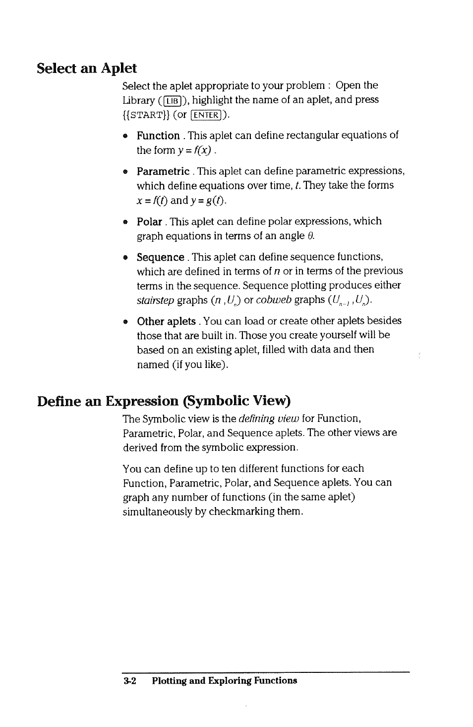 Select an aplet, Define an expression (symbolic view), Select an aplet -2 | Define an expression (symbolic view) -2 | HP 38g Graphing Calculator User Manual | Page 66 / 228