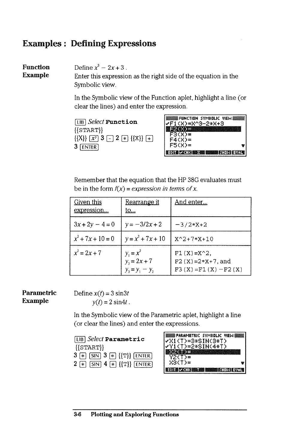 Defining expressions, Examples | HP 38g Graphing Calculator User Manual | Page 70 / 228