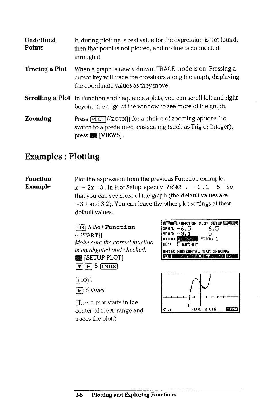 Zooming, Examples: plotting, Setup-plot | Examples: plotting -8 | HP 38g Graphing Calculator User Manual | Page 72 / 228