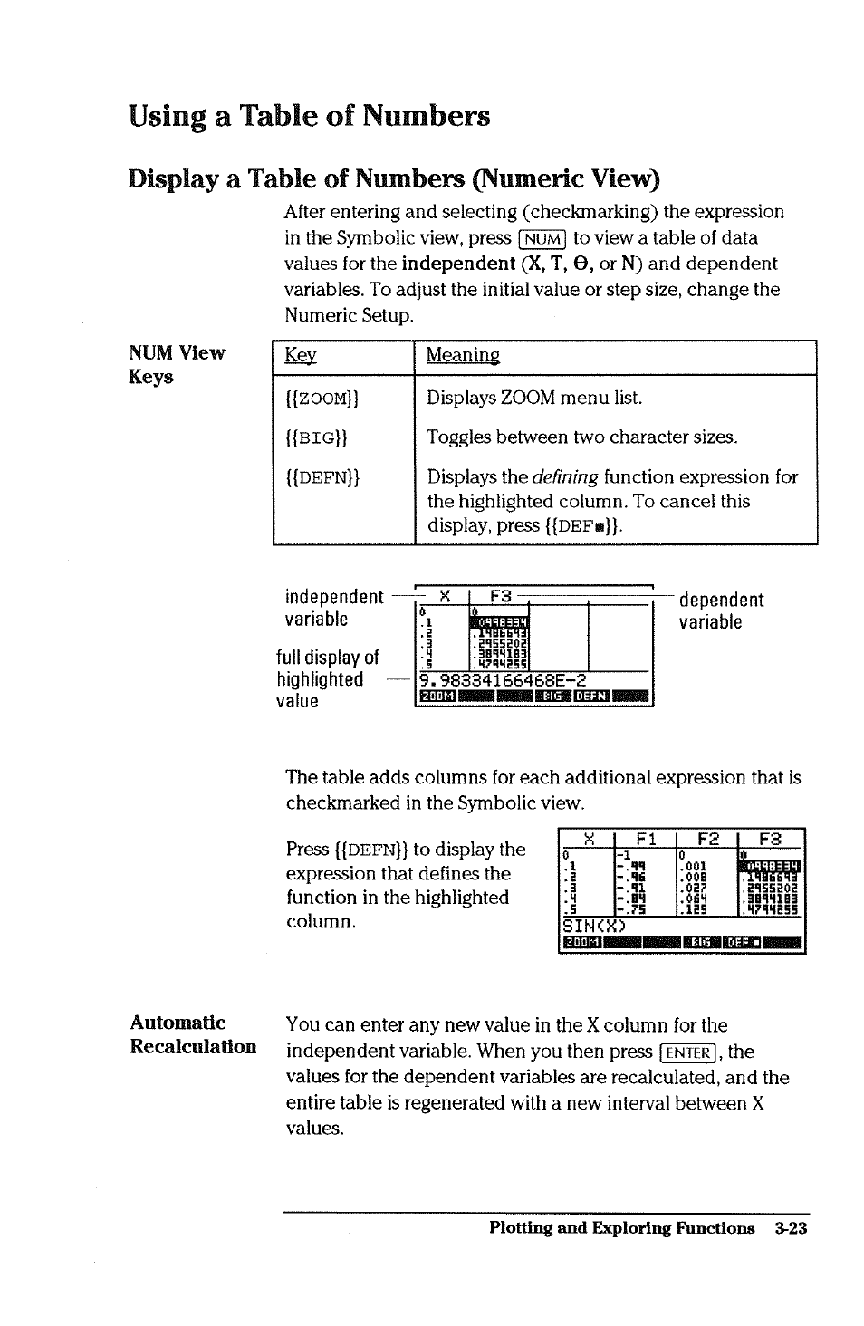 Using a table of numbers, Display a table of numbers (numeric view), Using a table of numbers -23 | Display a table of numbers (numeric view) -23 | HP 38g Graphing Calculator User Manual | Page 87 / 228