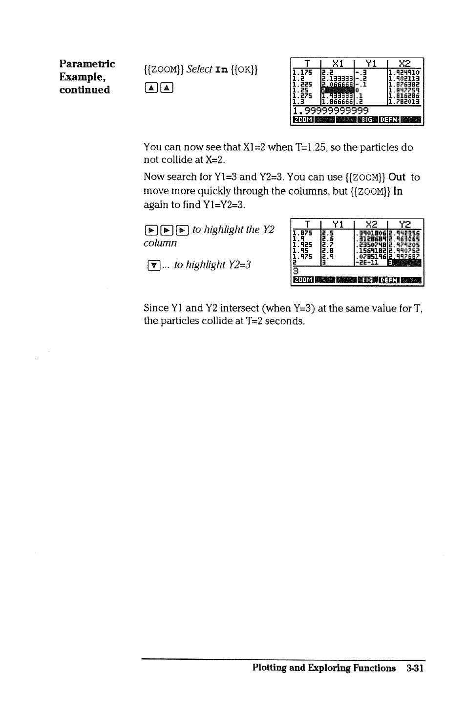 Select, Highlight the y2 column to highlight y2=3, Plotting and exploring functions 3-31 | HP 38g Graphing Calculator User Manual | Page 95 / 228