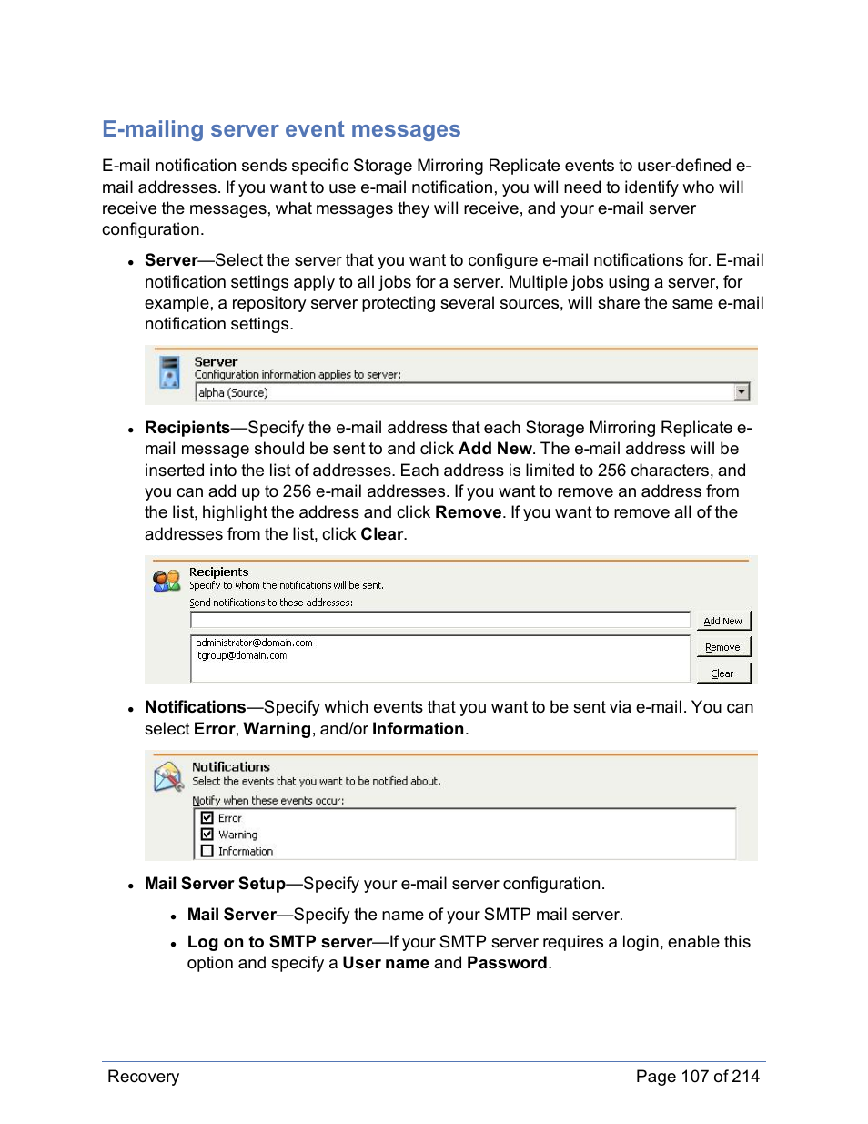 E-mailing server event messages | HP Storage Mirroring Software User Manual | Page 108 / 215