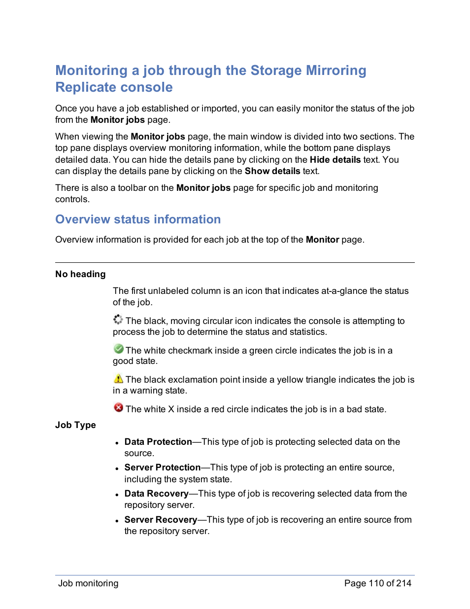 Overview status information | HP Storage Mirroring Software User Manual | Page 111 / 215