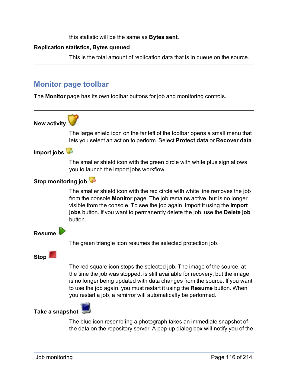 Monitor page toolbar | HP Storage Mirroring Software User Manual | Page 117 / 215