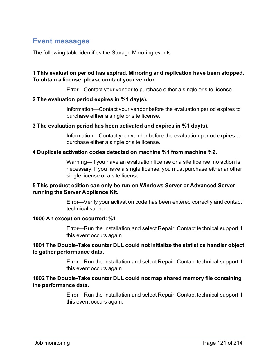 Event messages | HP Storage Mirroring Software User Manual | Page 122 / 215