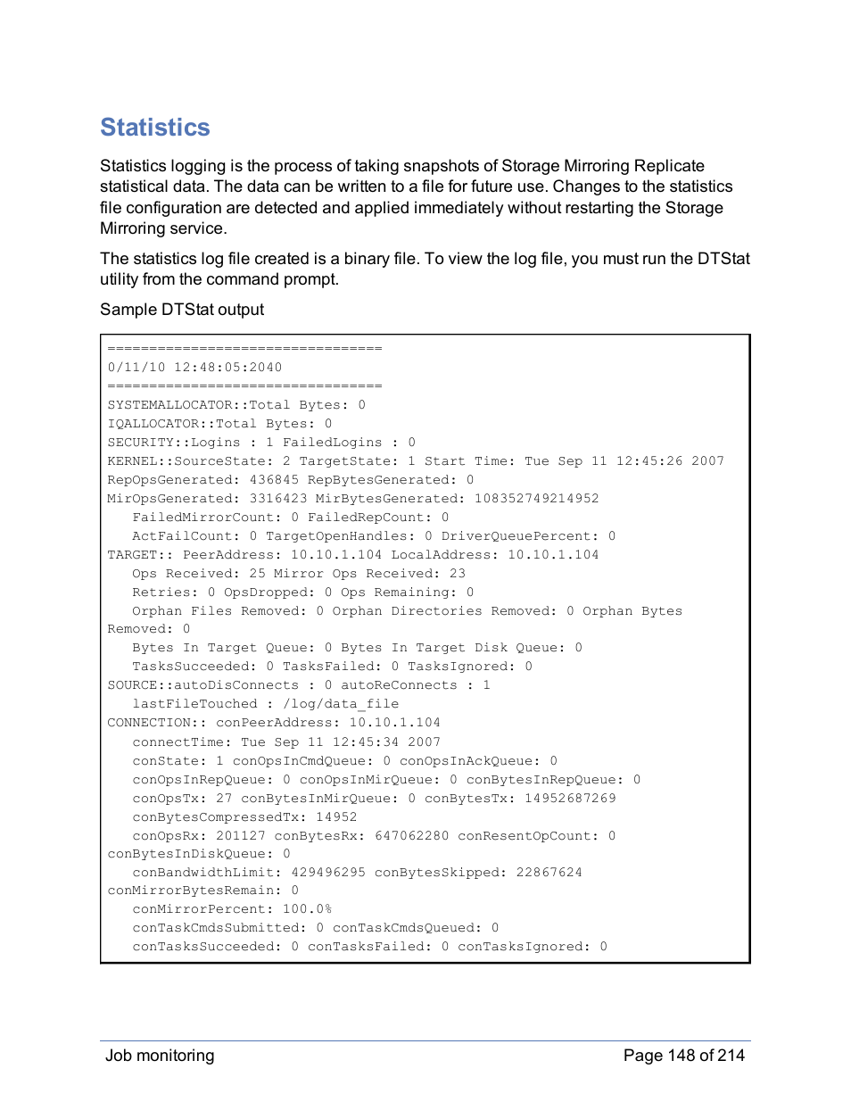 Statistics | HP Storage Mirroring Software User Manual | Page 149 / 215