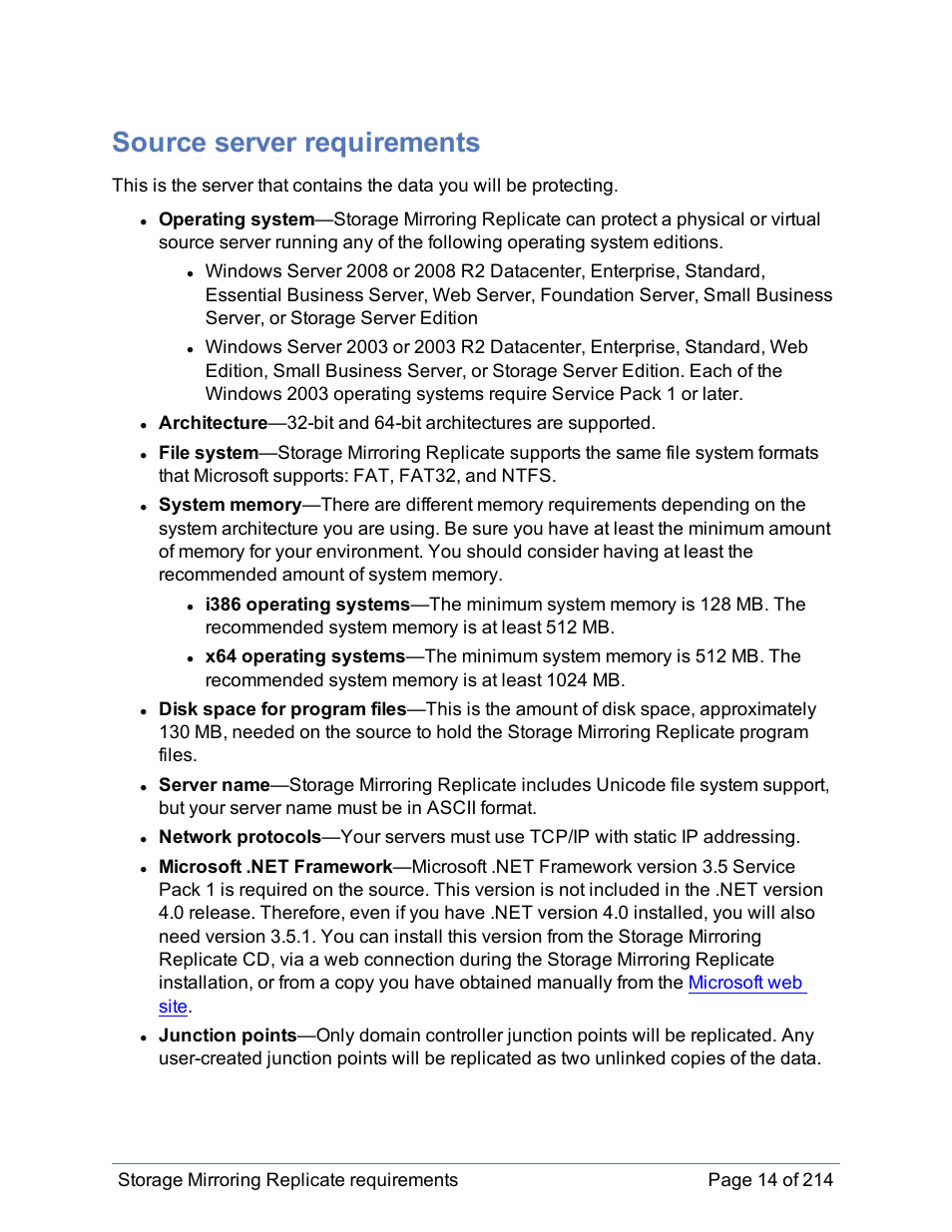 Source server requirements, Source server | HP Storage Mirroring Software User Manual | Page 15 / 215