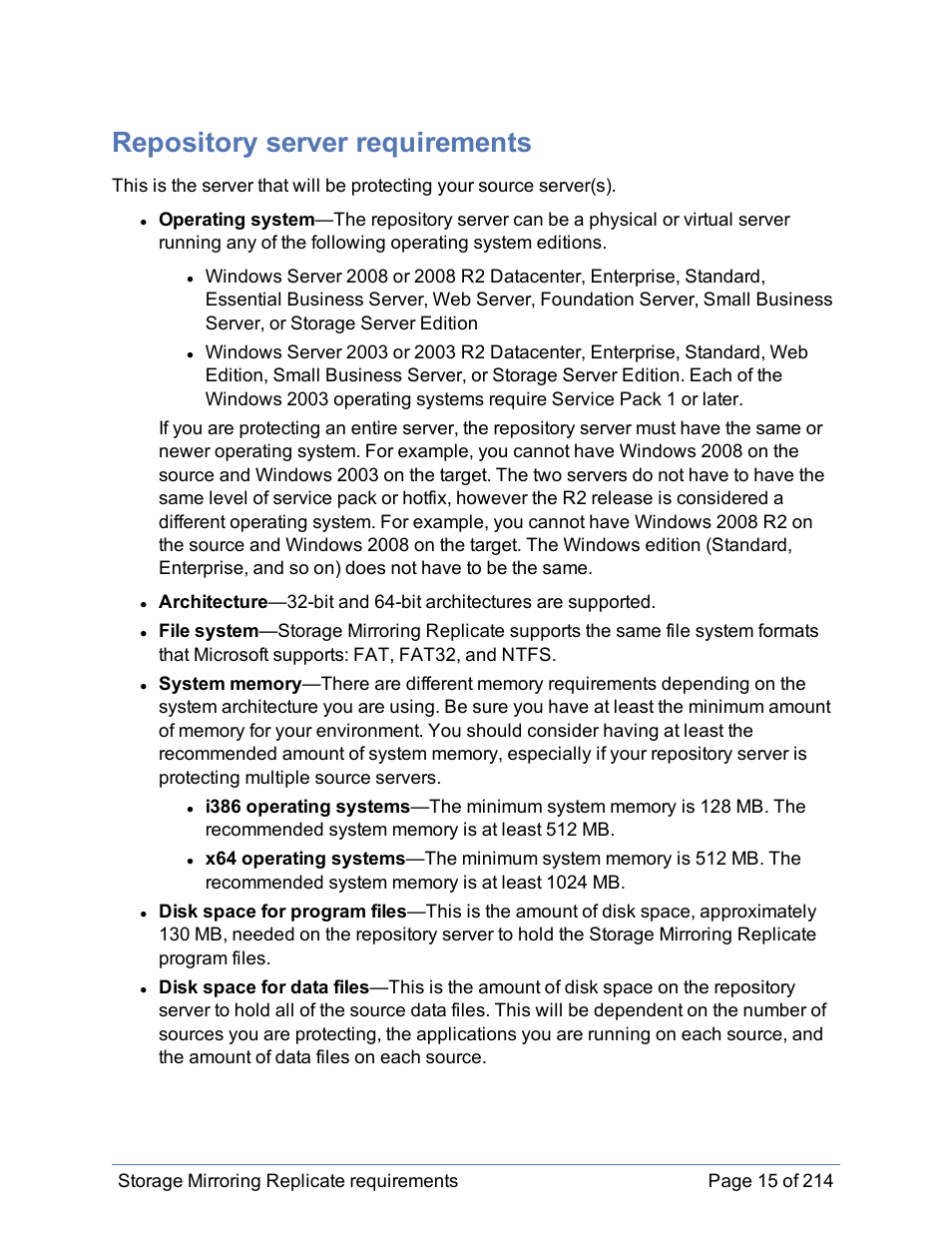Repository server requirements, Repository server, Repository | Server | HP Storage Mirroring Software User Manual | Page 16 / 215