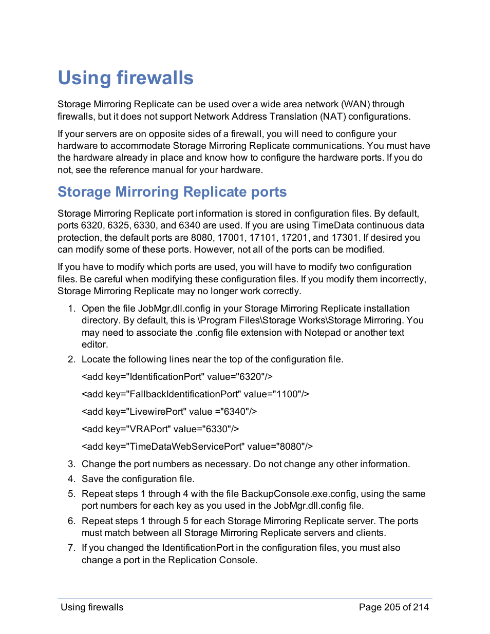 Using firewalls, Storage mirroring replicate ports | HP Storage Mirroring Software User Manual | Page 206 / 215