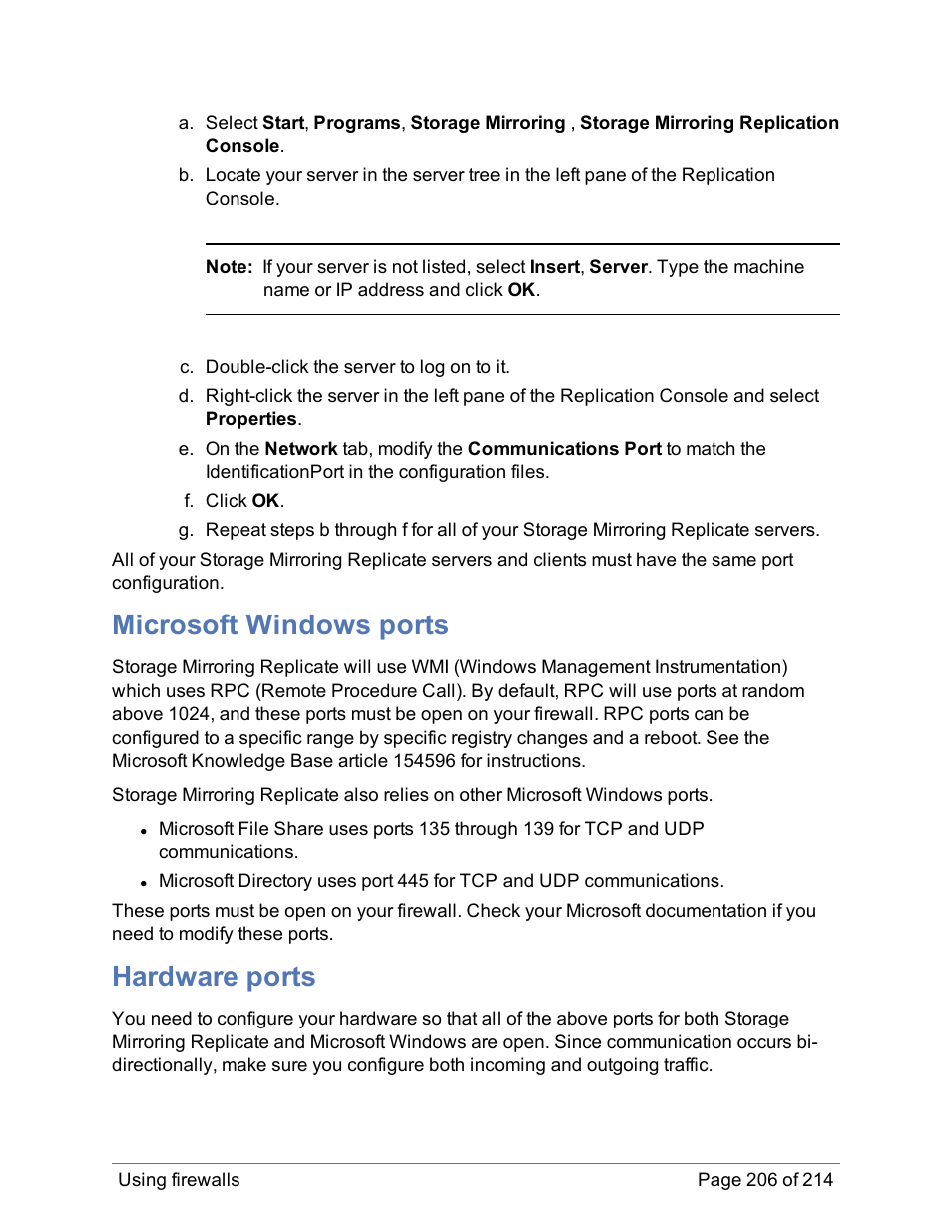 Microsoft windows ports, Hardware ports | HP Storage Mirroring Software User Manual | Page 207 / 215