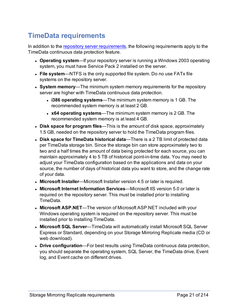 Timedata requirements | HP Storage Mirroring Software User Manual | Page 22 / 215