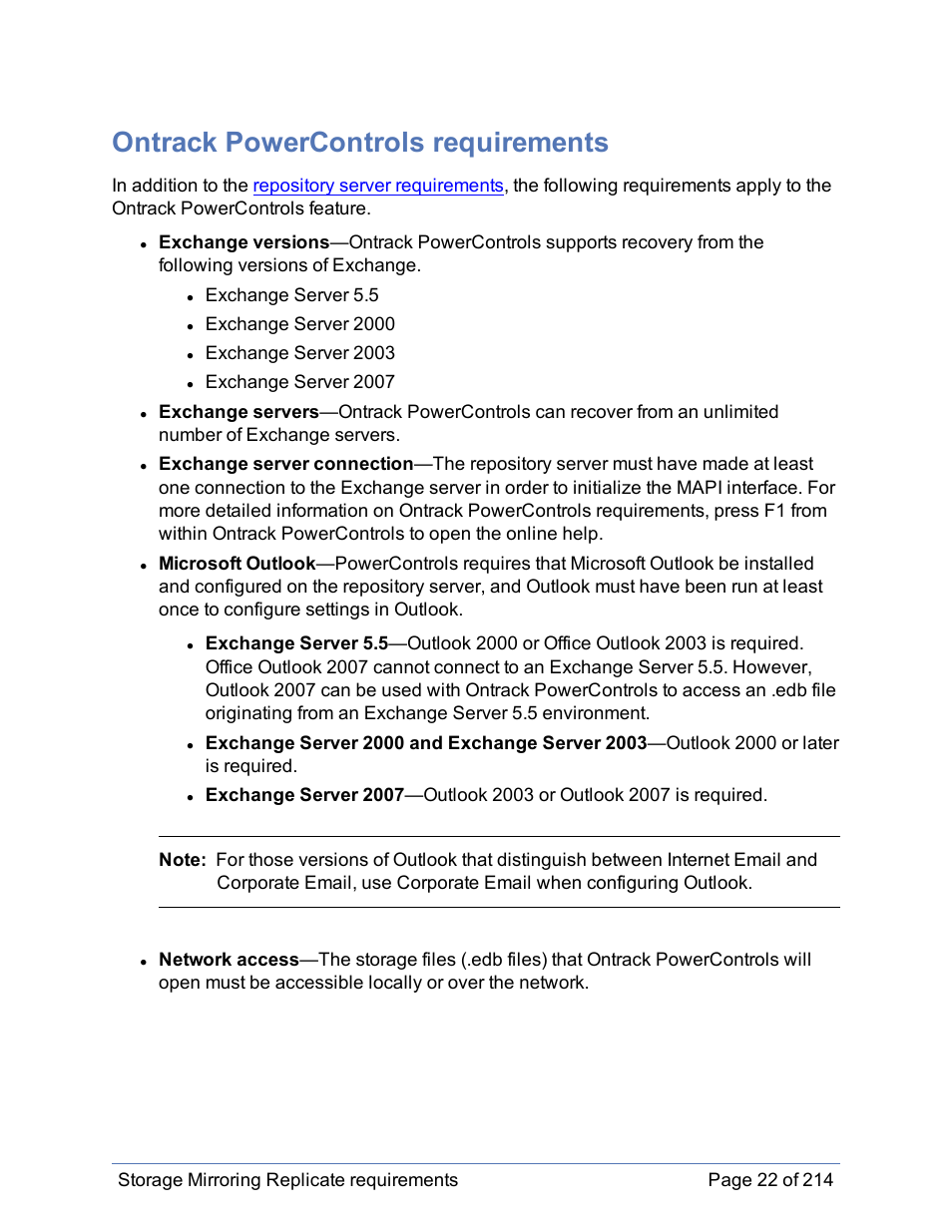 Ontrack powercontrols requirements, Ontrack powercontrols | HP Storage Mirroring Software User Manual | Page 23 / 215