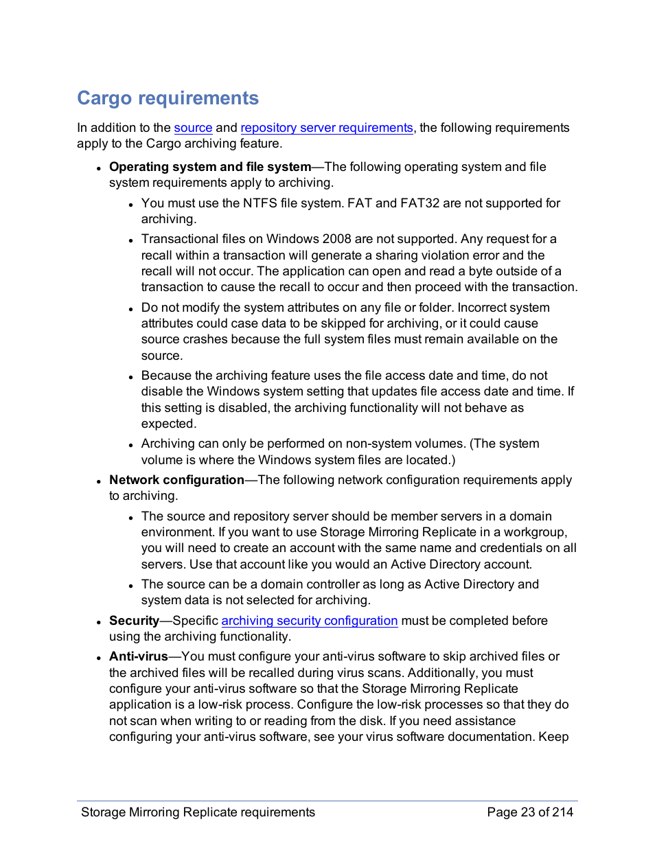 Cargo requirements | HP Storage Mirroring Software User Manual | Page 24 / 215