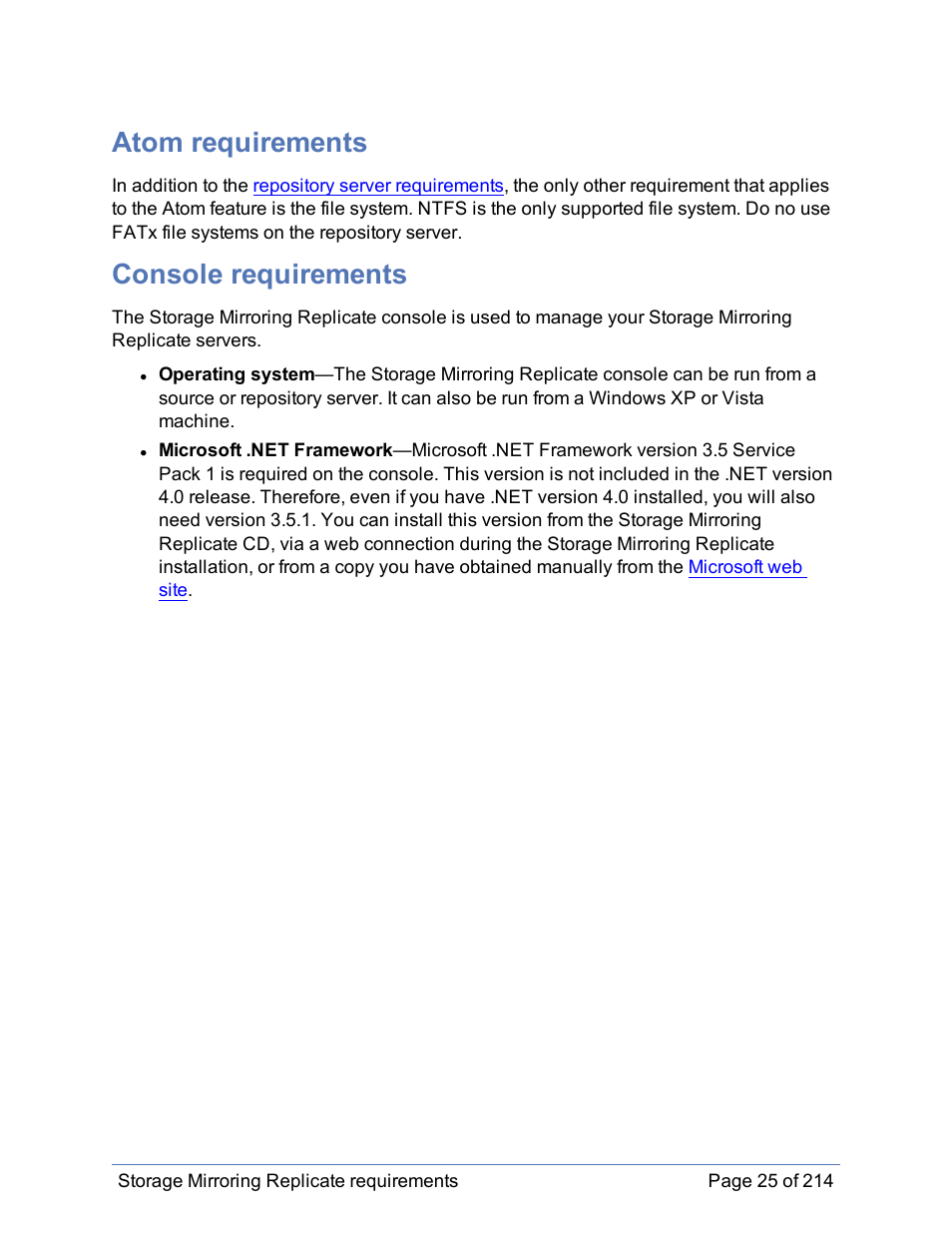 Atom requirements, Console requirements | HP Storage Mirroring Software User Manual | Page 26 / 215