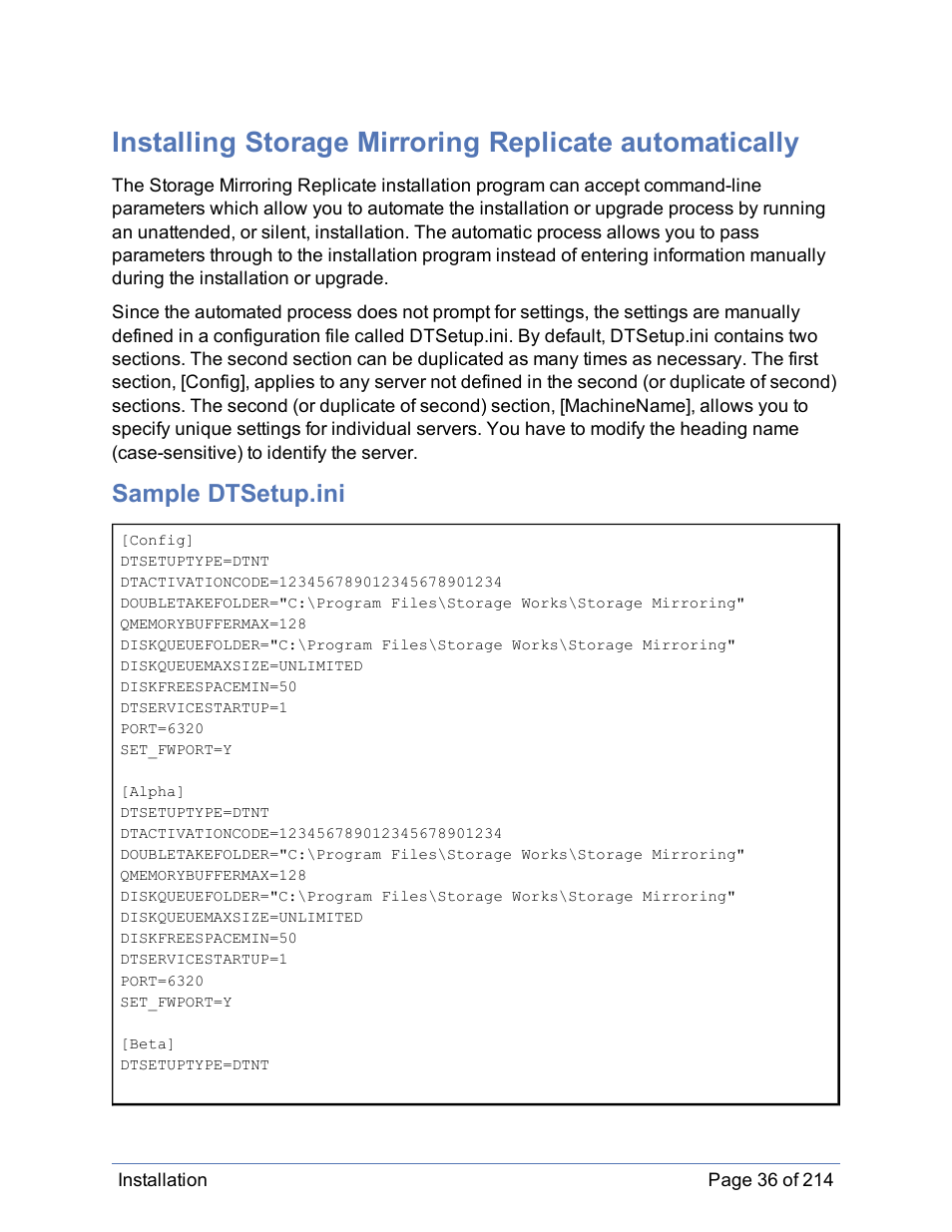 Sample dtsetup.ini | HP Storage Mirroring Software User Manual | Page 37 / 215