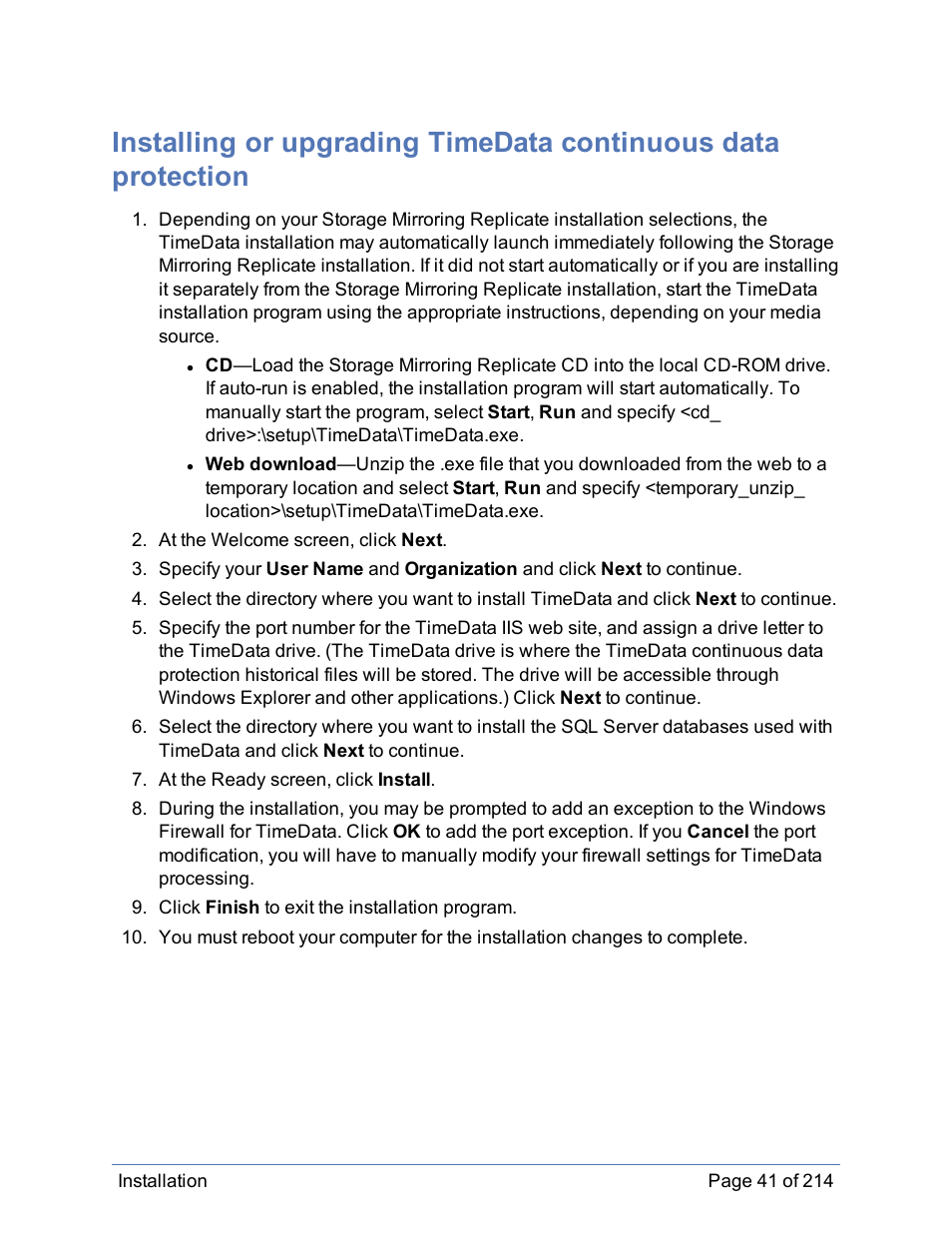 Installing timedata continuous data protection | HP Storage Mirroring Software User Manual | Page 42 / 215
