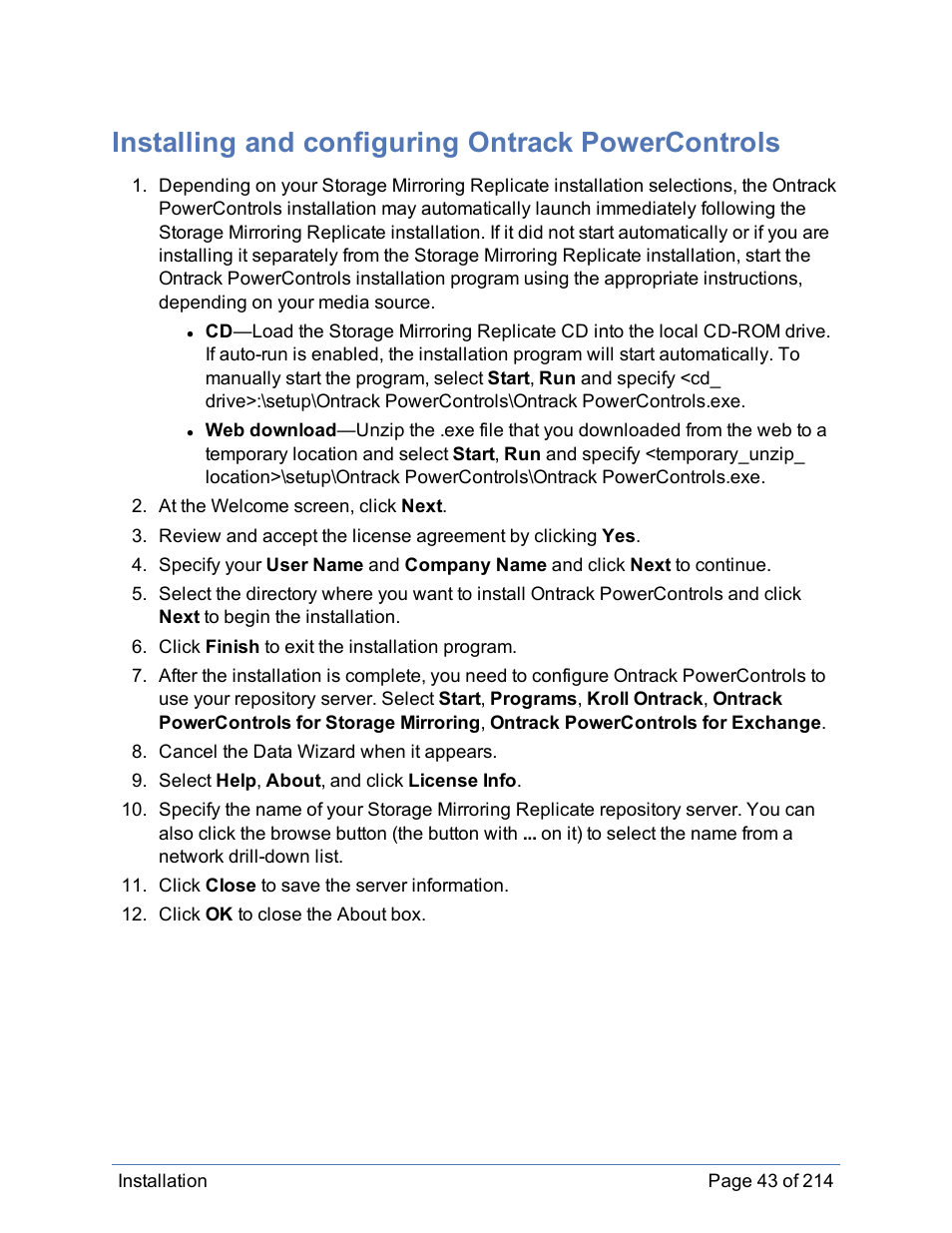 Installing and configuring ontrack powercontrols | HP Storage Mirroring Software User Manual | Page 44 / 215