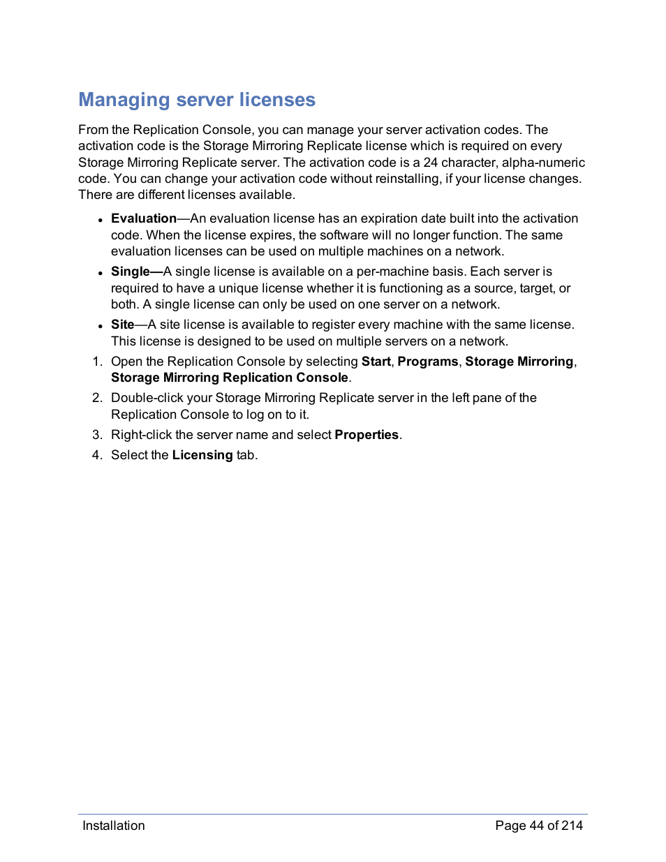 Managing server licenses | HP Storage Mirroring Software User Manual | Page 45 / 215